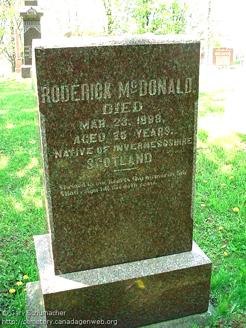 Photo of headstones/Roderick McDonald d1898 hdstn Kintail cem Ashfield twsp Huron co